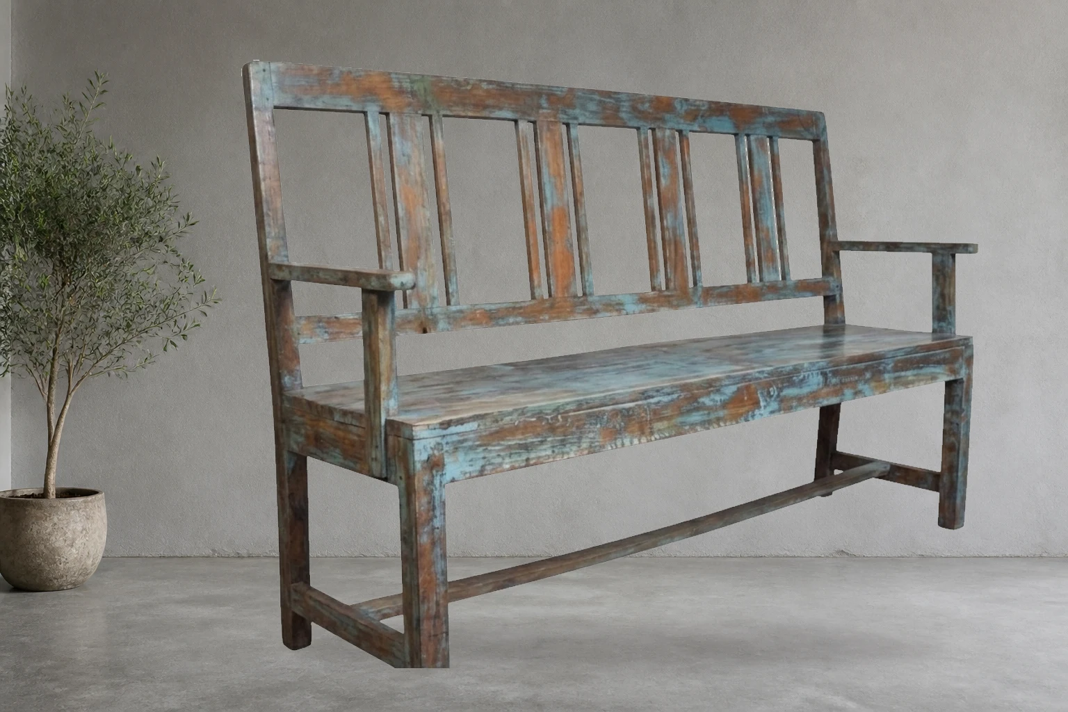 Art-directed neutral studio context containing the exact published Antique Blue Vintage Bench product image