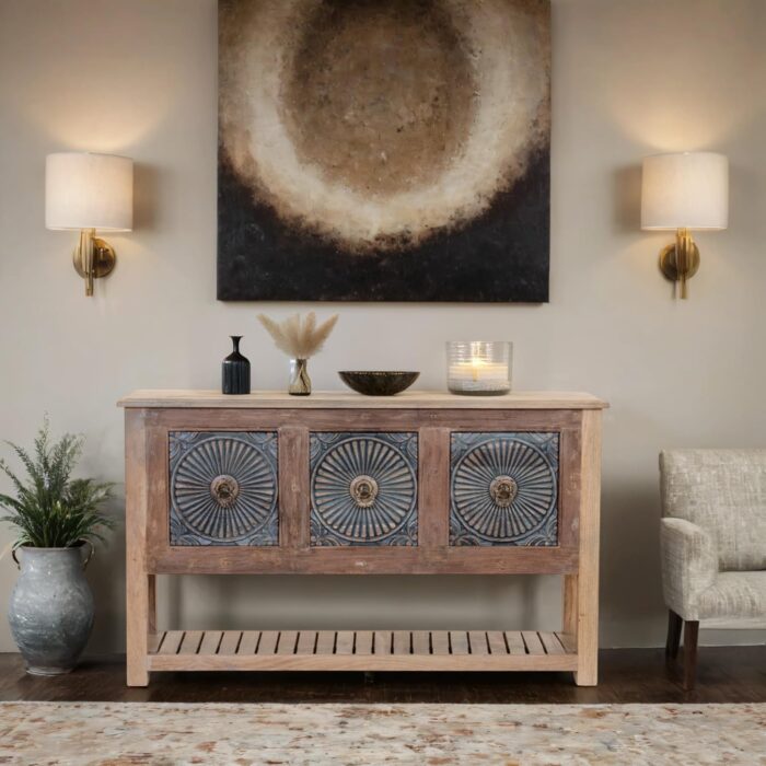 Weathered Wood Sideboard with Blue Sunburst Panels - Image 1
