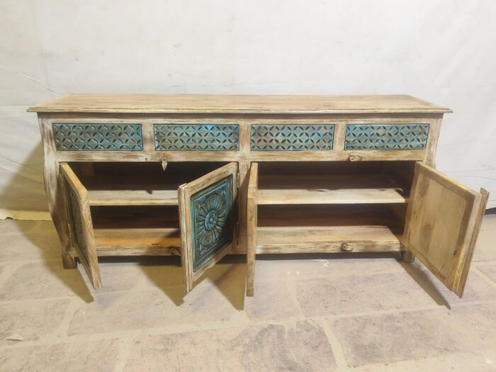 Vintage Wooden Sideboard Cabinet with 4 Doors Solid Wood Construction Rustic Boho Storage Console for Living Room - Image 2