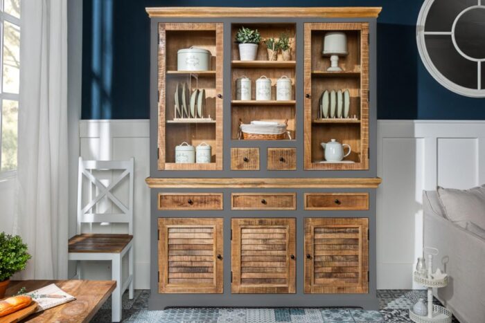 ANGEL FURNITURE Whitewave Solid Wood Sideboard with Three Drawer and Door Storage Unit 150x45x180 CM (Crockery Cabinet Gray) - Image 1