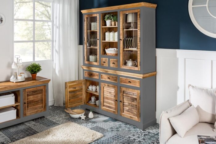 ANGEL FURNITURE Whitewave Solid Wood Sideboard with Three Drawer and Door Storage Unit 150x45x180 CM (Crockery Cabinet Gray) - Image 2