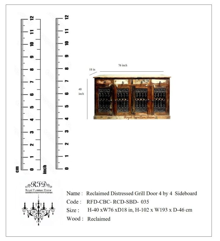 RFD - Royal Furniture Decor 4 Drawer 4 Door Grill Sideboard Recycle Wood Reclaim Color Distress Finish - Image 2