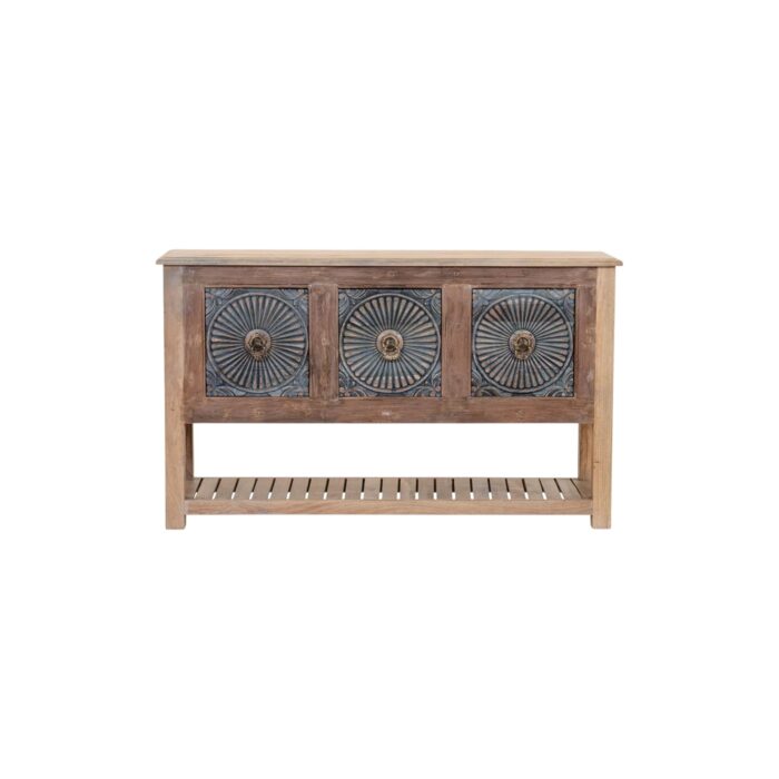 Weathered Wood Sideboard with Blue Sunburst Panels - Image 3