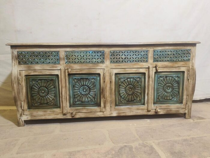 Vintage Wooden Sideboard Cabinet with 4 Doors Solid Wood Construction Rustic Boho Storage Console for Living Room - Image 1
