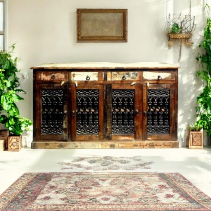 RFD - Royal Furniture Decor 4 Drawer 4 Door Grill Sideboard Recycle Wood Reclaim Color Distress Finish - Image 3