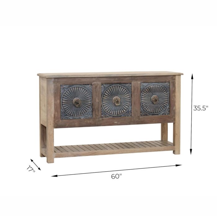 Weathered Wood Sideboard with Blue Sunburst Panels - Image 2