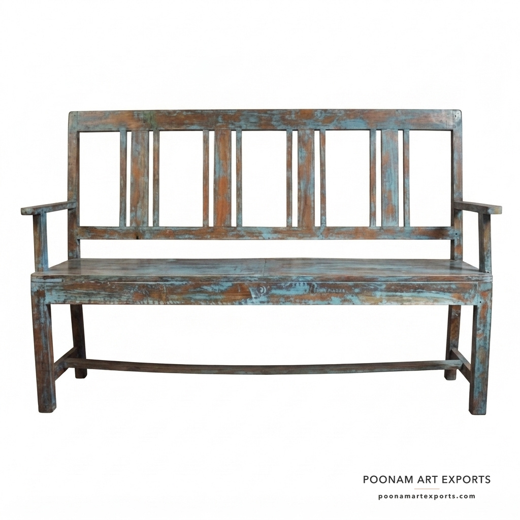 studio_1_front_center_wm Antique Blue Vintage Bench - Image 1