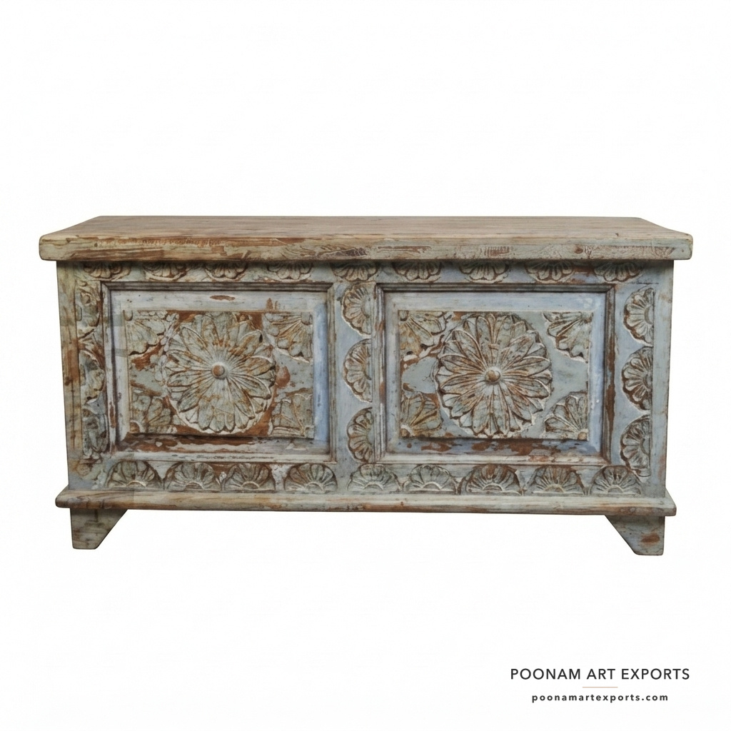 studio_1_front_center_wm Vintage Boho Chic Carved Storage Trunk - Image 1